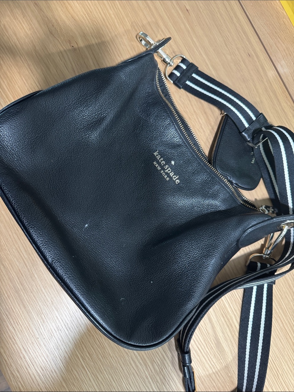 kate spade Rosie Black Leather Shoulder Bag with Striped Strap